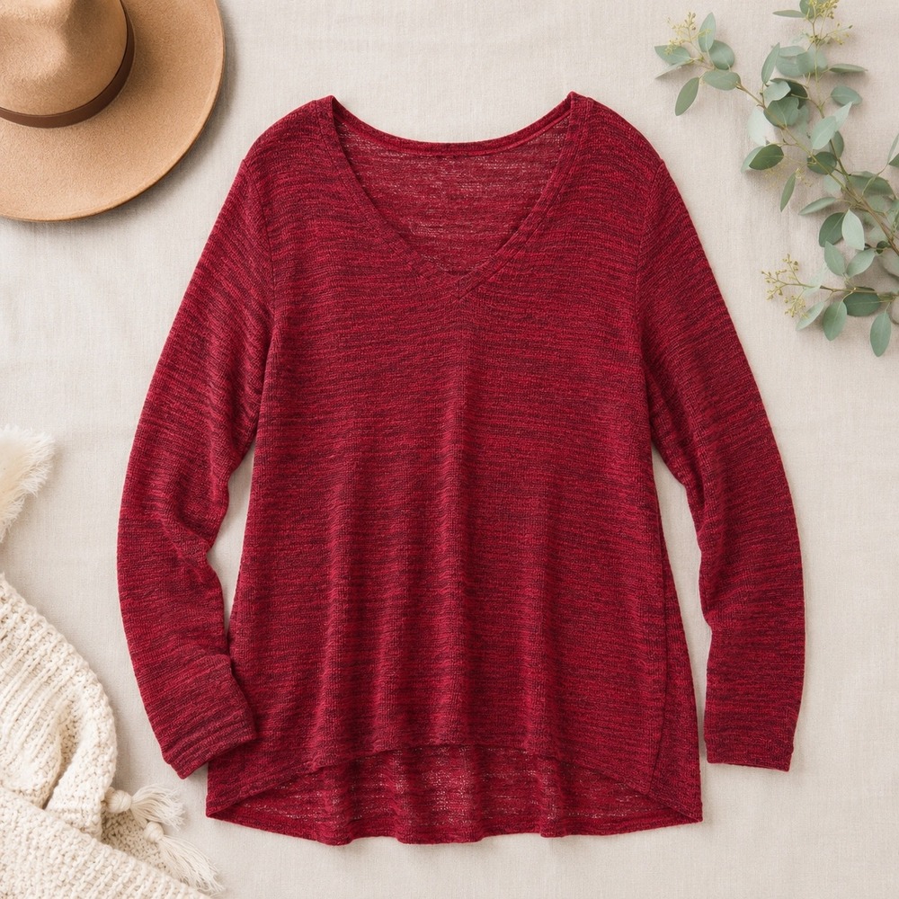 Eileen Fisher Woman 1X Red Alpaca Wool Blend V-Neck High-Low Knit Tunic Sweater